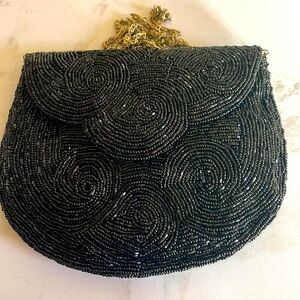 Delill UK Luxury Black French Beads/Satin Evening Clutch  EUC
